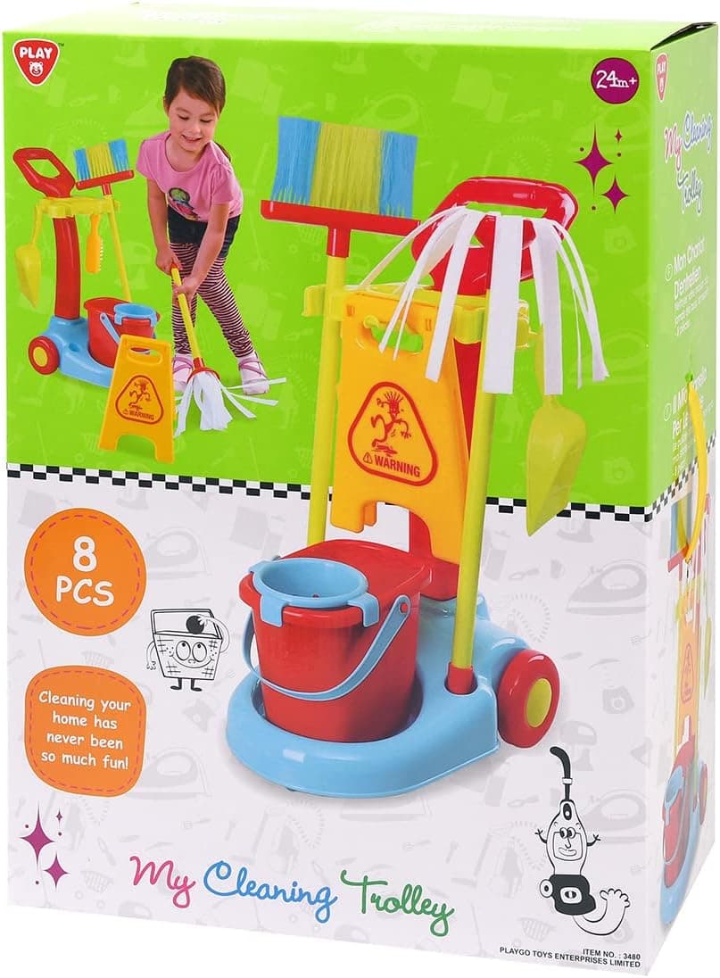 PlayGo My Cleaning Wheel Trolley Set 8PCS Housekeeping Broom, Mop,Organizing Stand Children Cleaning Tools