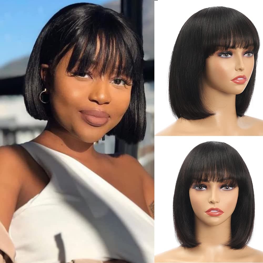 ESmode hair Short Bob Wigs with Bangs Brazilian Straight Human Hair Wigs 10inch None Lace Front Wigs Glueless Machine Made Bob Human Hair Wigs for Black Women (10 INCH, straight bob wig)