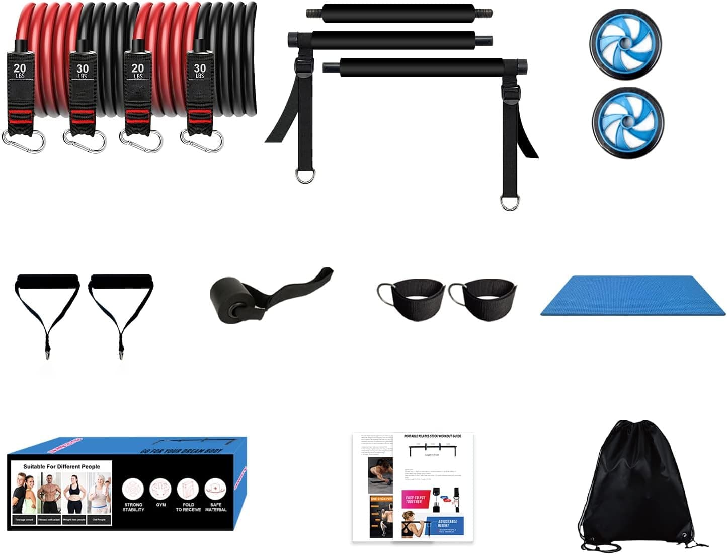 HOTWAVE Pilates Bar Kit with 15 Fitness Accessories. Foldable 3-Section bar with Resistance Bands. Ab Roller for Abs Workout. Squat Strength Training,Portable Home Gym for Man and Women.