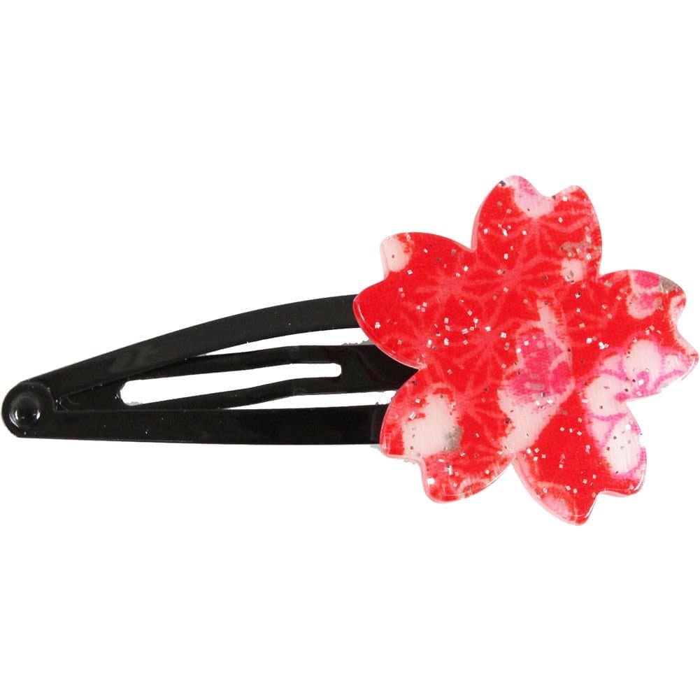 Japanese Sakura Design Snap Hair Clip with Glitter Lame (Red)