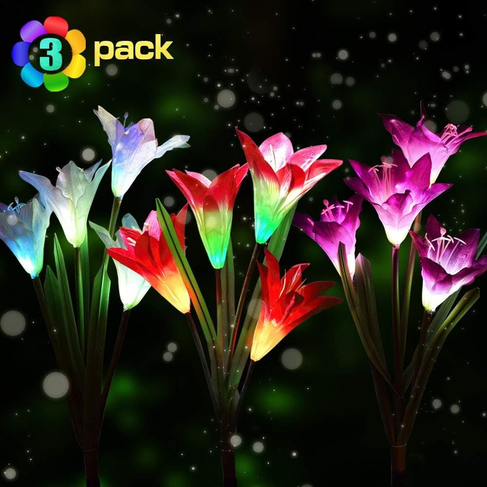 Idefair Solar Garden Lights, Outdoor Multi-Color Changing LED Stake Lights Lily Flower for Garden, Patio, Yard and Decoration (Lily Flower,3 Pack)
