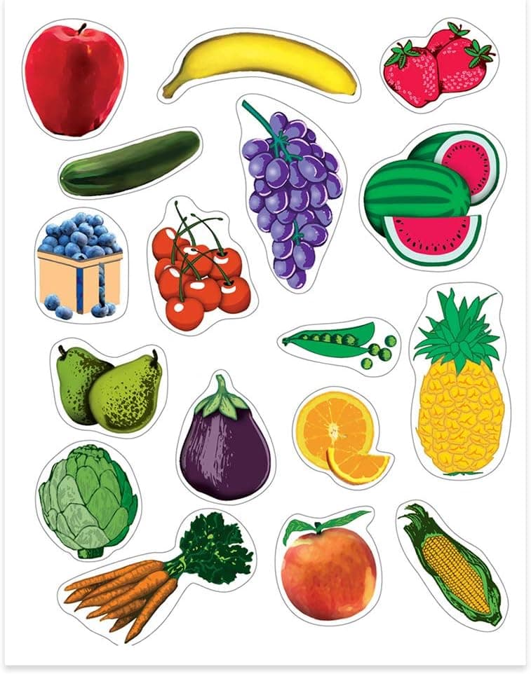 Hygloss Fruits & Vegetable Stickers for Learning About Nutrition-Perfect for Arts, Crafts, Classroom & Much More-17 Self-Adhesive per 3 Sheets, Fruit Shapes