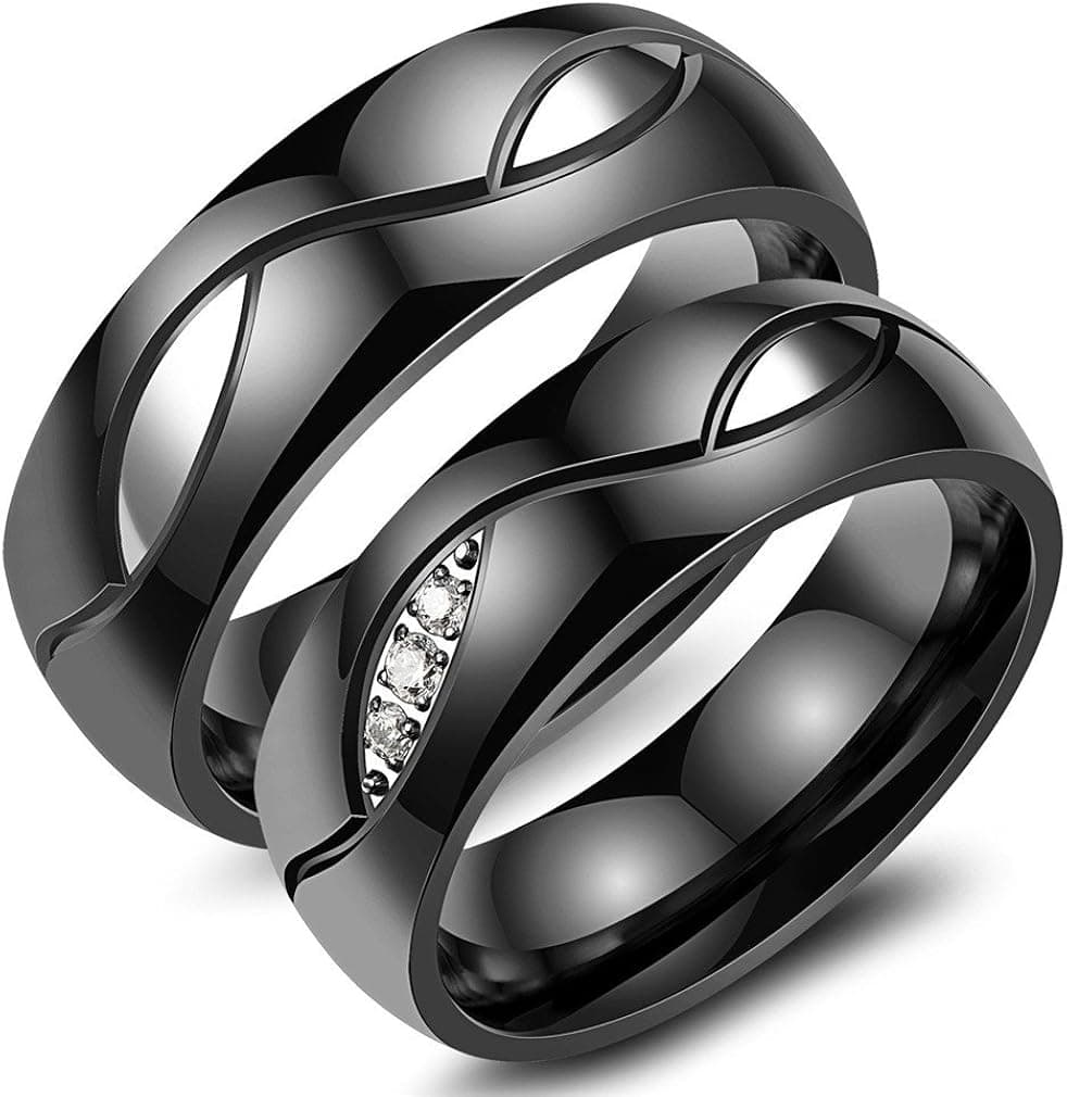 INRENG Stainless Steel Micro CZ Pave Couples Promise Wedding Bands Ring for Men Women Black/Gold/Rose