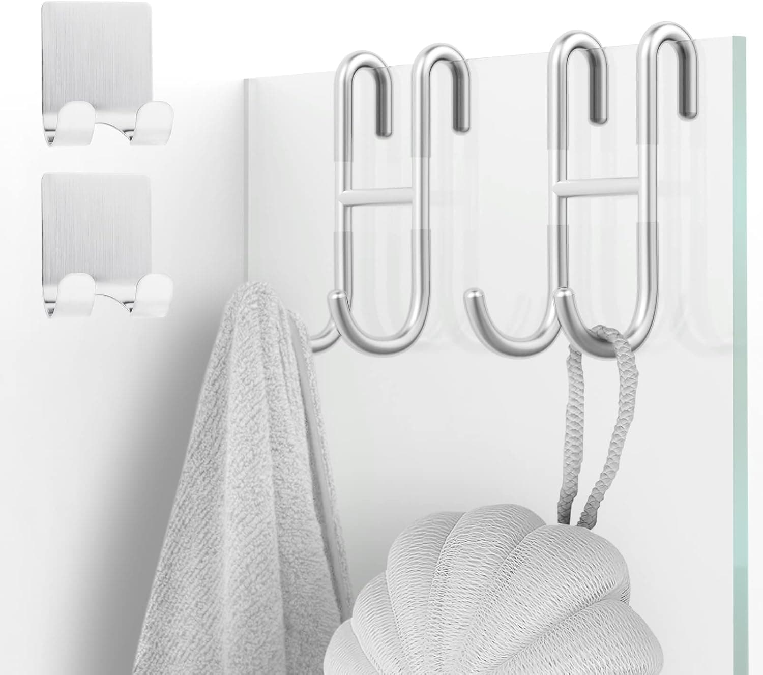 Jadiykt Shower Door Hooks (4-Pack), Over Door Hooks for Bathroom Frameless Glass Shower Door, Shower Squeegee Hooks ,Towel Hooks,Razor Holder, Silver