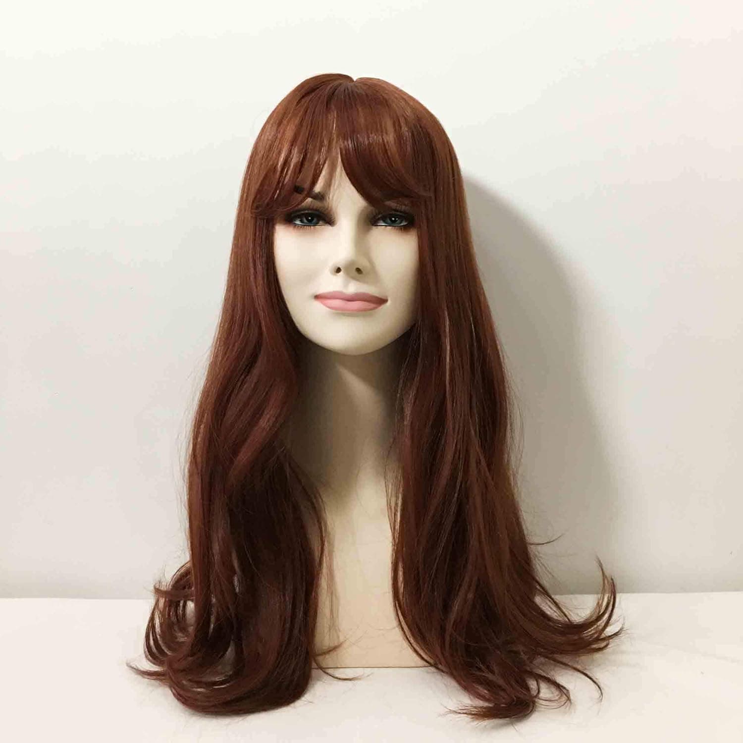 nevermindyrhead Women Auburn Brown Red Tone Fringe Bangs Straight Wavy 22” Heat Resistant Synthetic Cosplay Party Wig