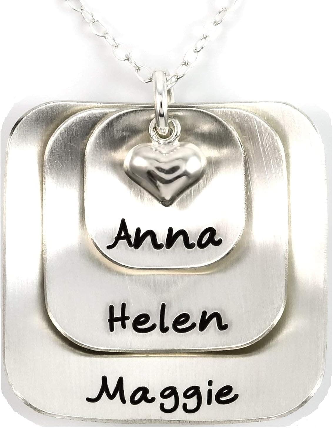 Square Lucky Three Sterling Silver Personalized Necklace Comes with 3 Customizable Charms and a Sterling Silver Heart Charm. Your Choice Of 925 Chain. Gifts for Her, Mother, Grandmother, Wife