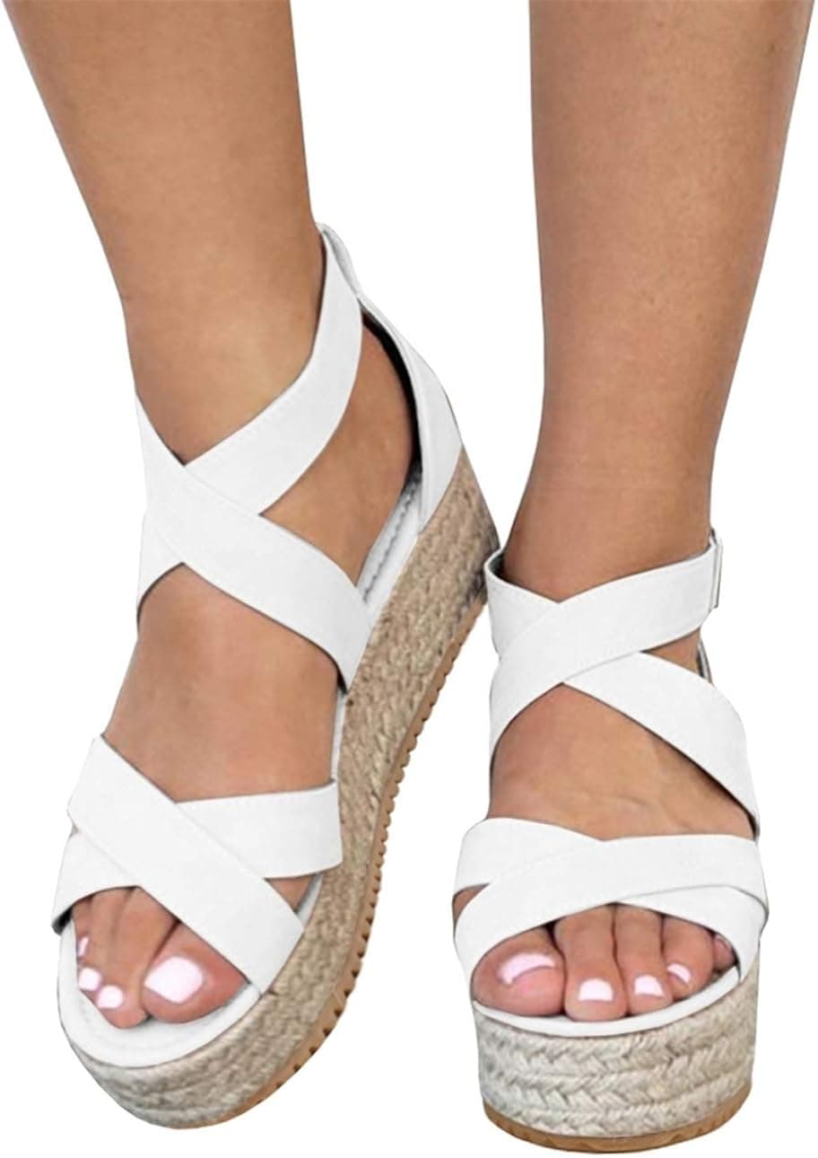 Syktkmx Womens Flatform Espadrille Strappy Open Toe Flat Platform Ankle Sandals (9 M US, a-White)