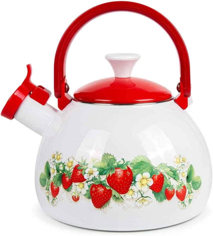 Whistling Tea Kettle Stovetop Strawberry Enamelware Kettle 2.7-qt. (2.5 L)