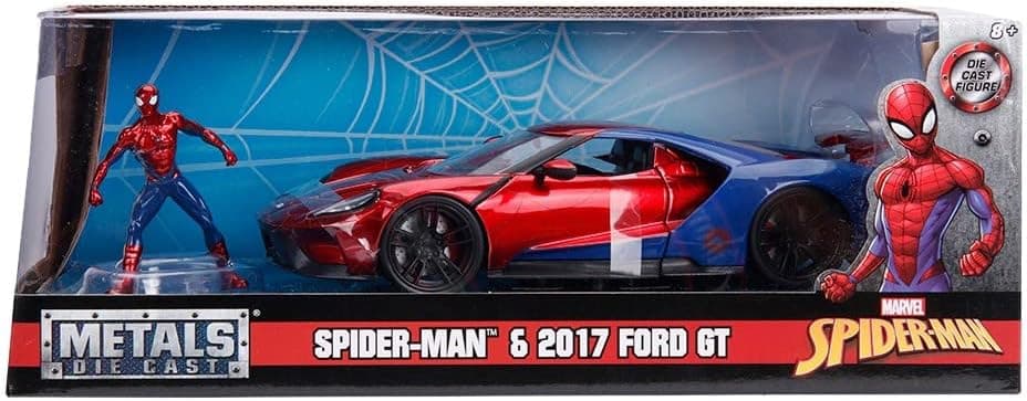 Jada Toys Marvel 1:24 2017 Ford GT Die-cast Car with 2.75" Spider-Man Figure, Toys for Kids and Adults, Red/Blue (99725)