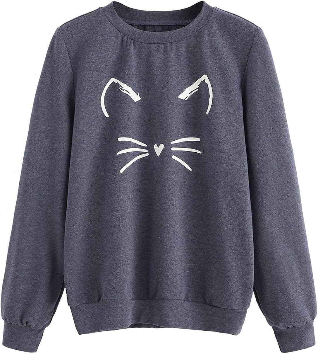 Romwe Women's Cat Print Lightweight Sweatshirt Long Sleeve Casual Pullover Shirt