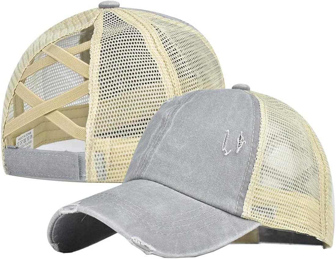 Distressed Ponytail Hat Baseball Women Messy Bun Pony Tail Cap (Gray(Criss Cross), Free)