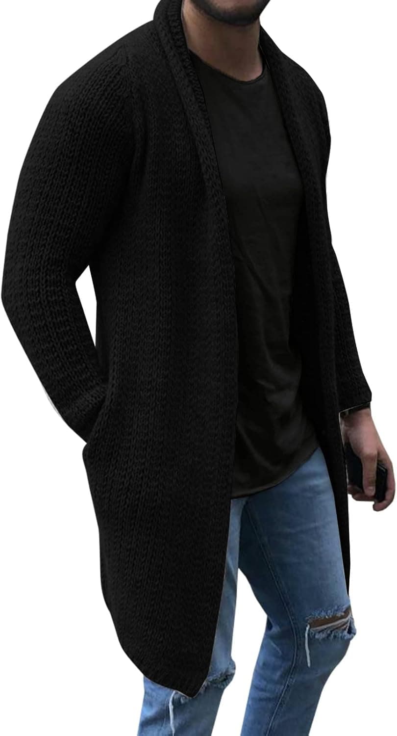 Runcati Mens Cardigan Sweater Shawl Collar Chunky Warm Open Front Long Sleeve Knit Slim Fit Coats with Pockets
