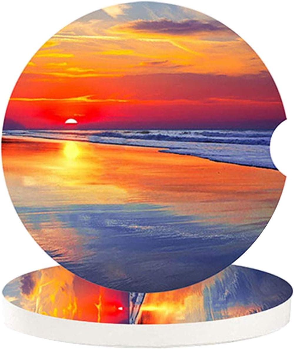 Car Drinks Coasters Set of 2 Pack Beach Sunset Ocean Sea Waves Themed Absorbent Ceramic Stone Coaster with A Finger Notch for Easy Removal from Auto Cupholder