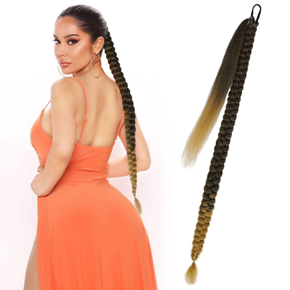 Ombre Blonde Ponytail Extensions For Women Braided Ponytail Extension Black To Blonde Pony Tail 40 Inches Kinky Straight Wrap Around Hair Extensions Blonde Pony Tail Hair Piece Synthetic Ponytail Extention （1b/27,Braided)）