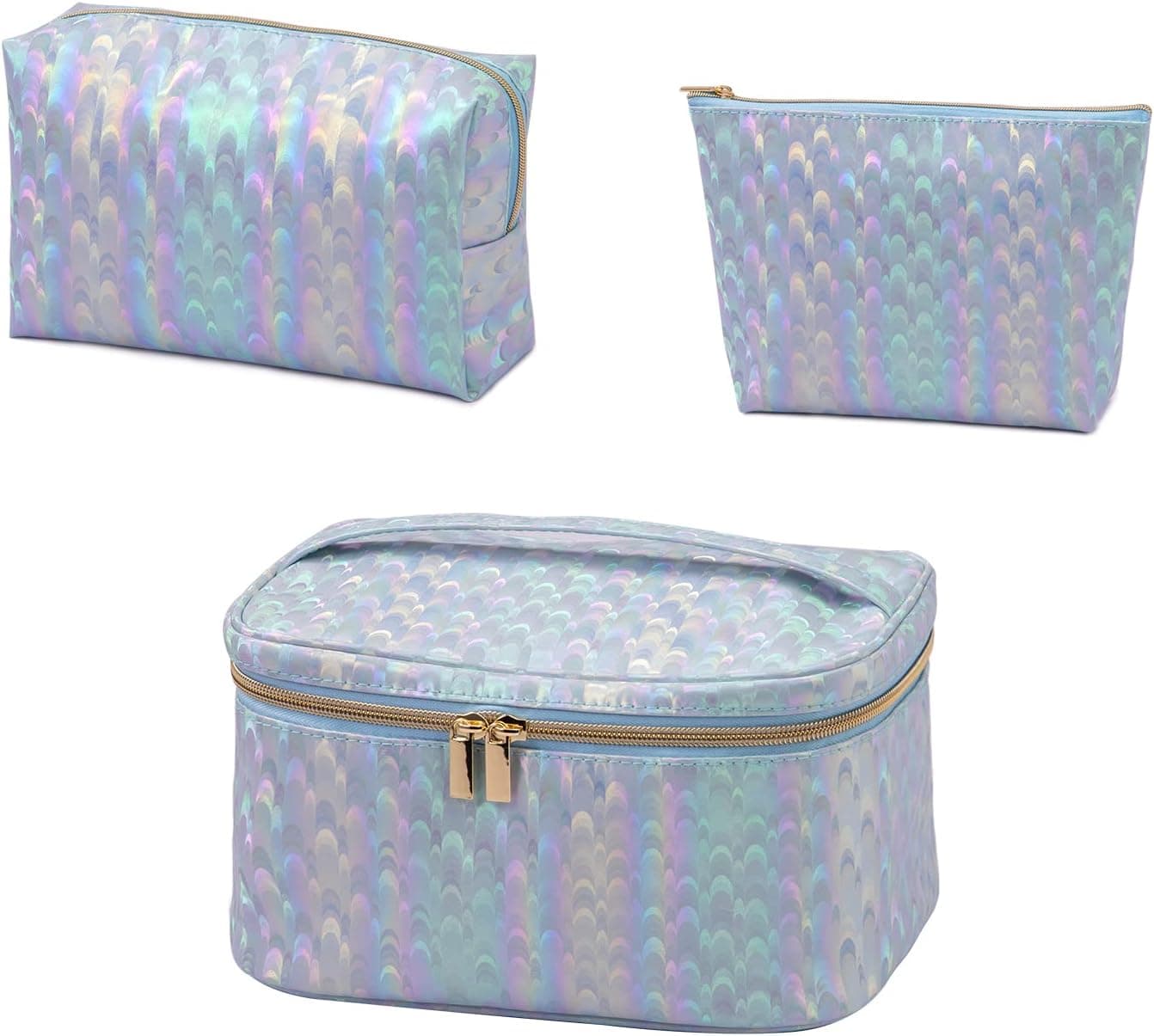 Fynigto Makeup Bag Set, Leather Portable Travel Cosmetic Bags Waterproof Toiletry Bags Large Organizer Case for Girl Women,Blue