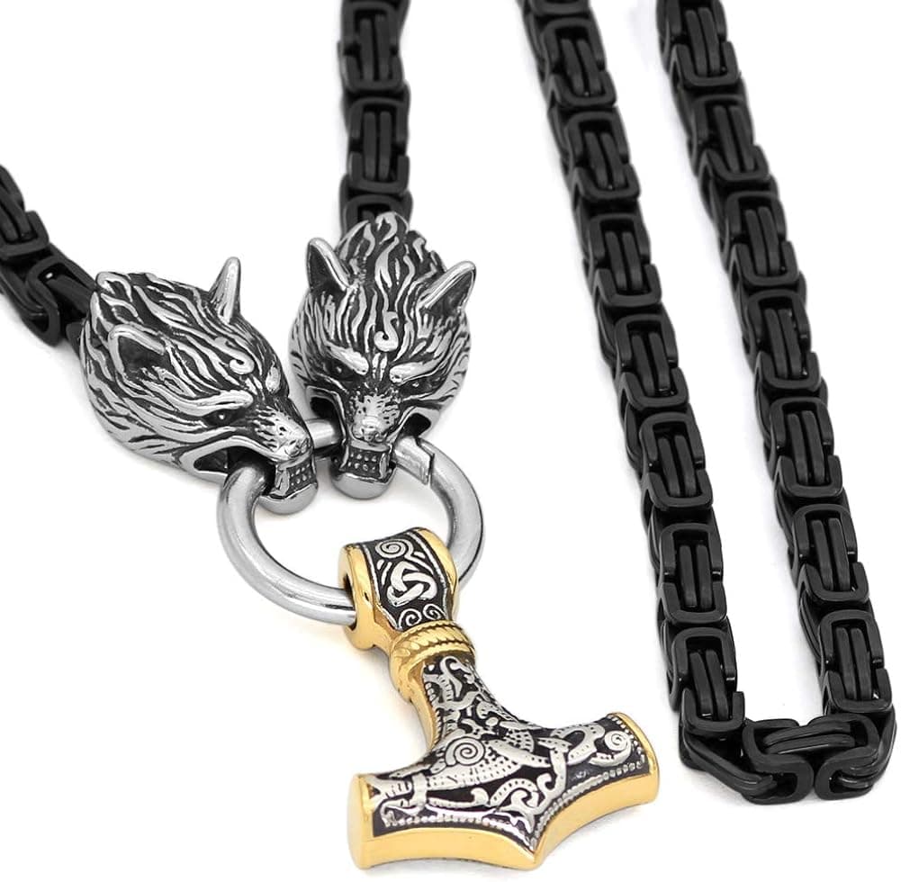 GuoShuang Viking Necklace Men Stainless Steel Wolf mjonirl Necklace Chain for Men with Valknut Gift Bag