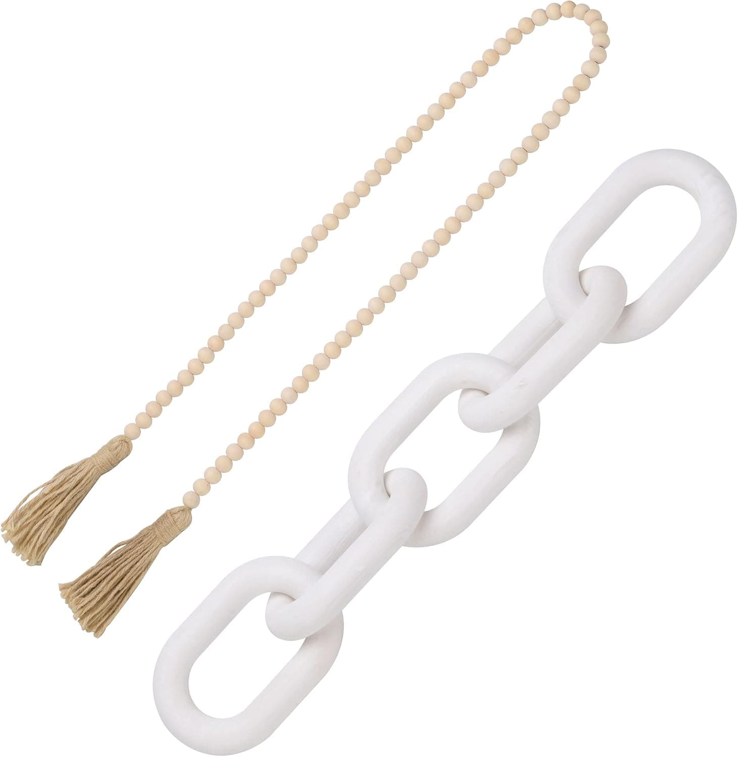 Wood chain link decor with beaded tassel,Farmhouse decor,Carved,White washed,Table decoration,Home decor,Pine wood, Modern,Aesthetic room decor,Decorative wooden home links,shelf decor,cute home decor