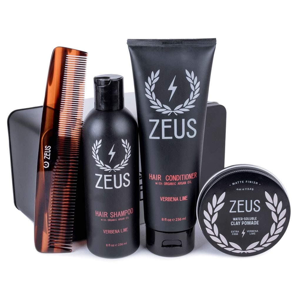 Zeus Hair Care Set for Men - Hair Shampoo, Hair Conditioner, Natural Horn Comb In Leather Sheath, pomade! (Clay Pomade)