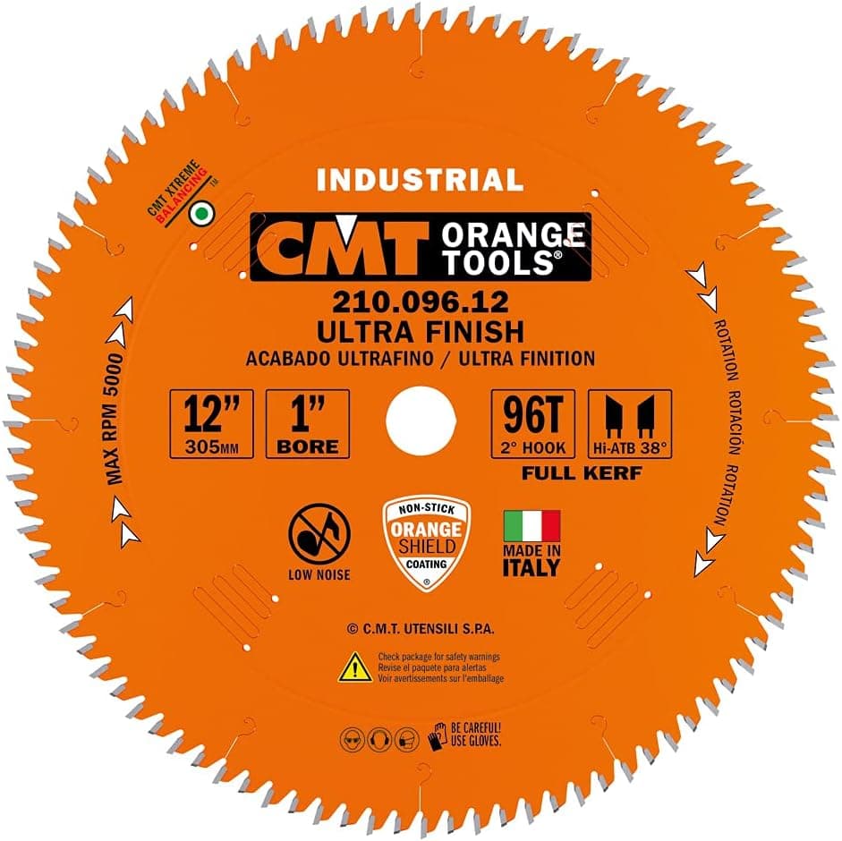 CMT 210.096.12 Industrial Fine Cut-Off Saw Blade, 12-Inch x 96 Teeth 38° ATB Grind with 1-Inch Bore, PTFE Coating