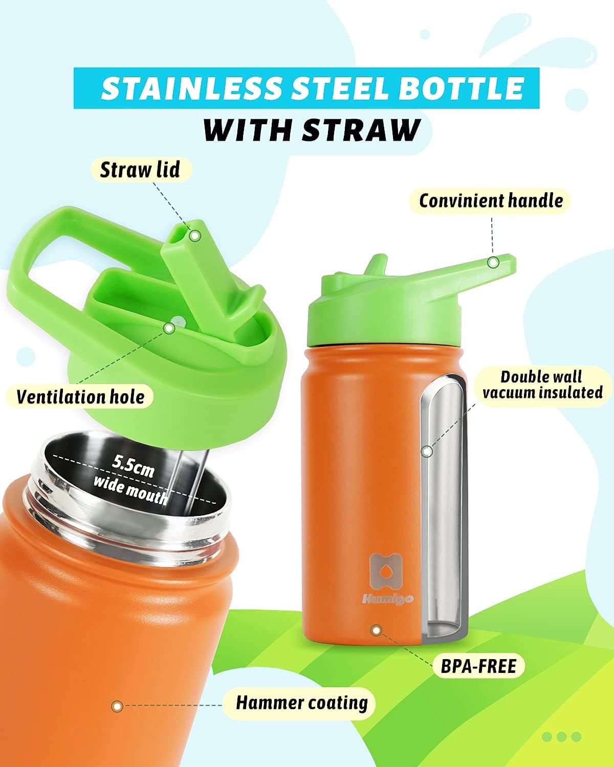 HUMIGO Water Bottle with Straw, 12oz Insulated Water Bottle, Water Bottle for Kids with Double Walled Vacuum Insulated, Stainless Steel Water Bottles, BPA Free Water Bottle Insulated, 1033-350OR