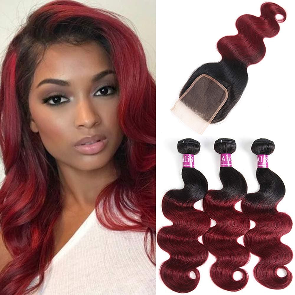 Alisfeel Brazilian Ombre Body Wave Bundles with Closure 1B/99J Burgundy Human Hair Bundles and 4x4 Free Part Lace Closure with Baby Hair (12"14"16"+Closure10")
