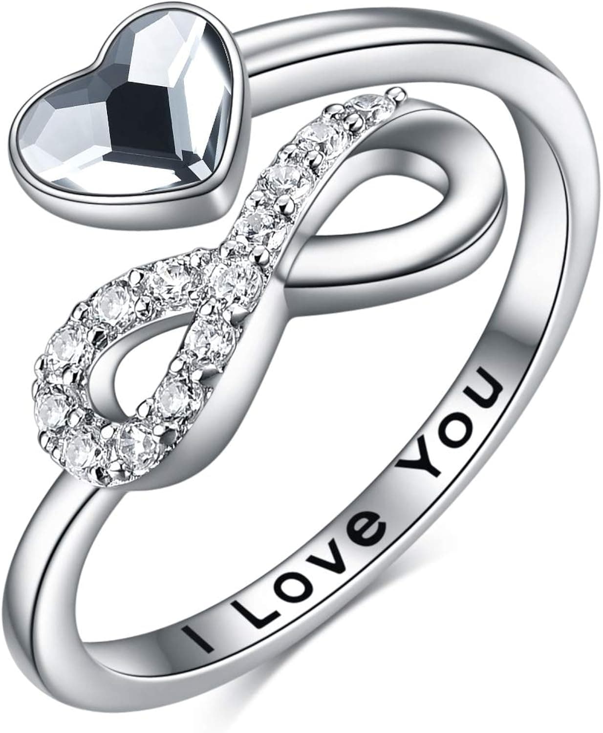 TOUPOP Infinity Heart Rings for Women 925 Sterling Silver I Love You Adjustable Rings with White Heart Crystal Jewelry Gifts for Women Her Mom Wife Promise Birthday Anniversary Christmas Mothers Day