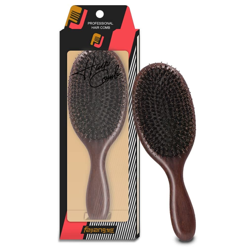MEIYIXIN Boar Bristle Hair Brush With Wide Tooth Natural Ebony wood Large Flat Paddle Hairbrush for Wet or Dry Hair Detangling Smoothing Massaging Men Women Kids (Large)