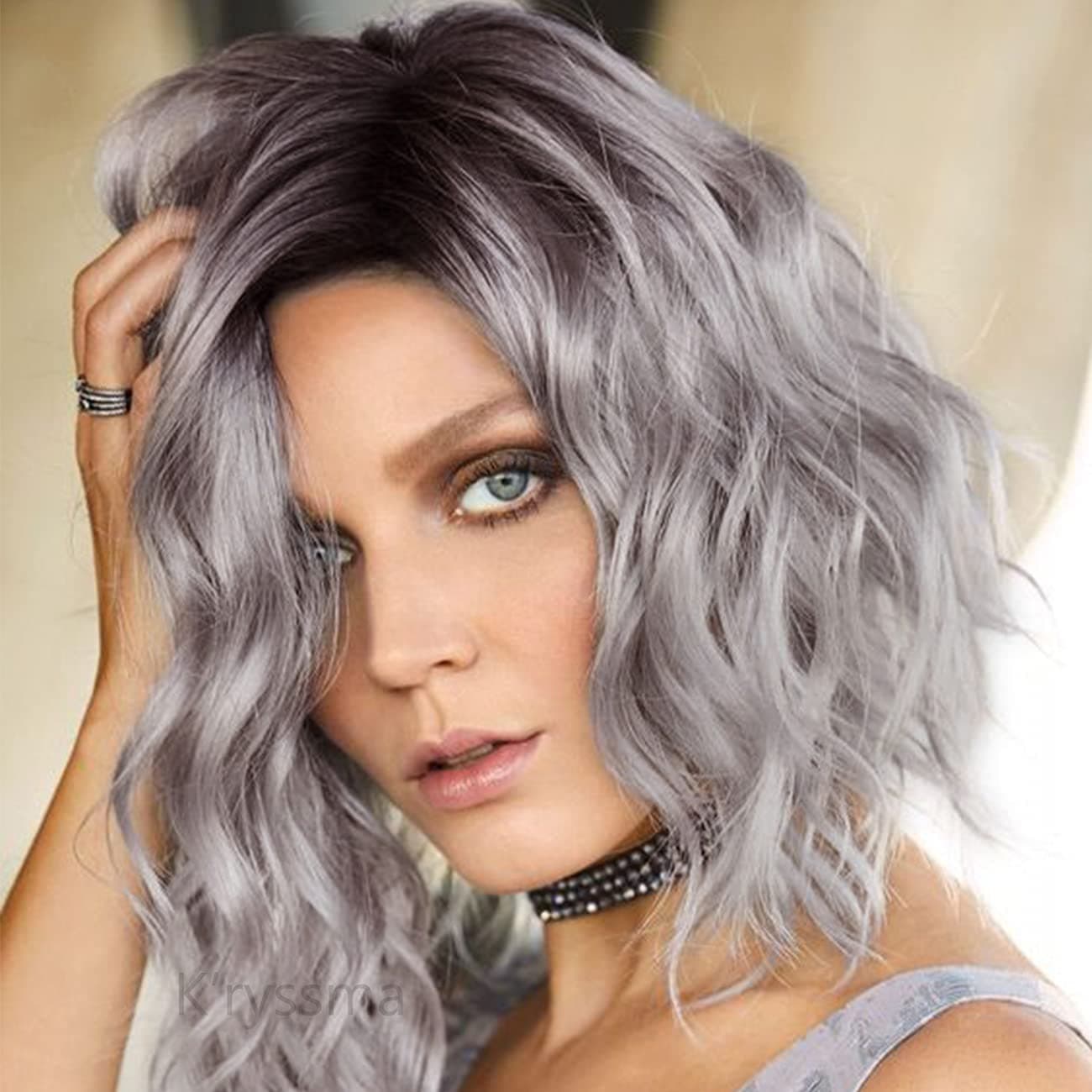 K'ryssma Gray Wig Ombre Wavy Short Bob Synthetic Wigs with Dark Root Grey Wig for Women