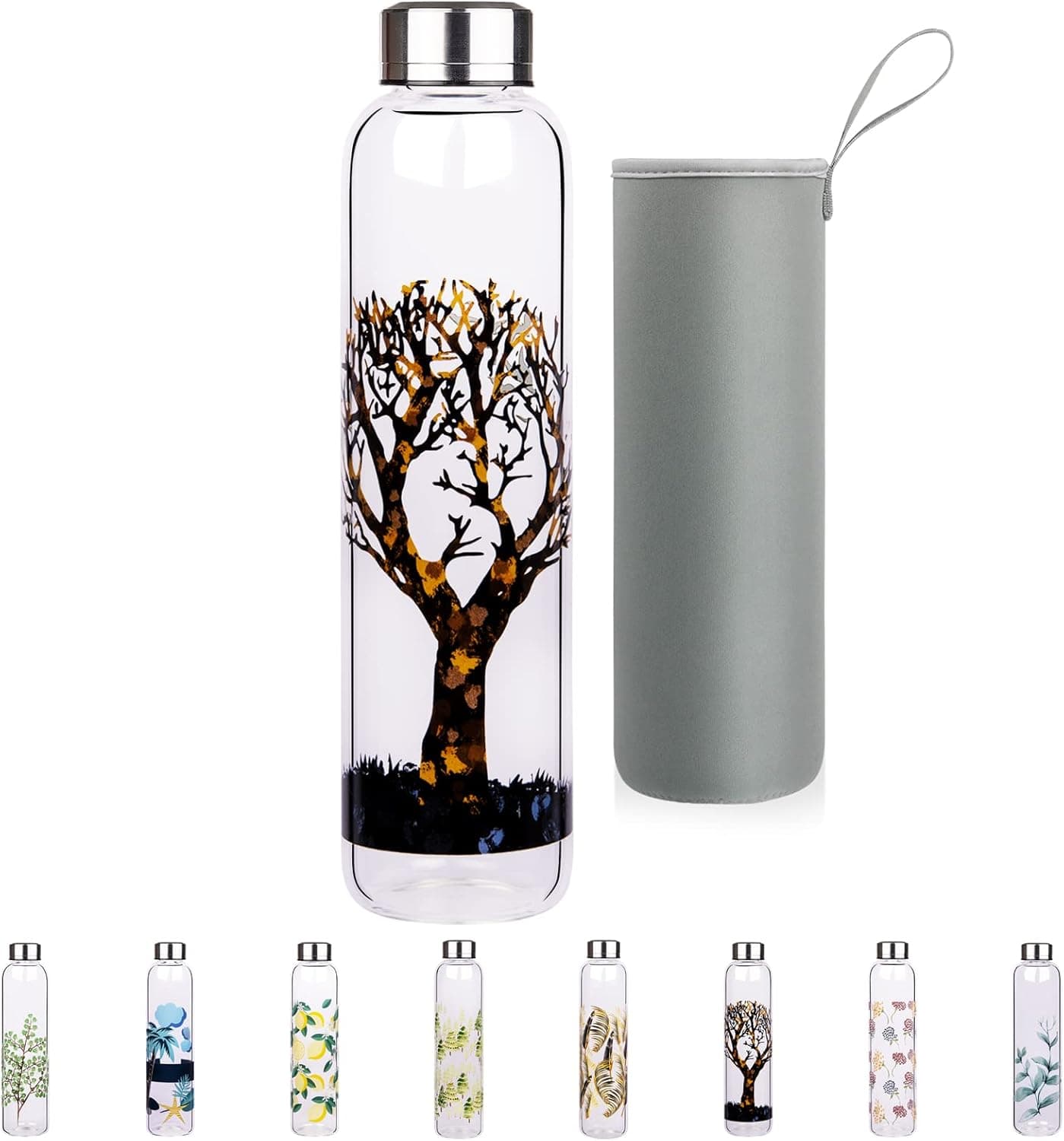Justfwater Borosilicate Glass Water Bottle with Leak Proof Lid and Protective Neoprene Sleeve 32oz / 16oz