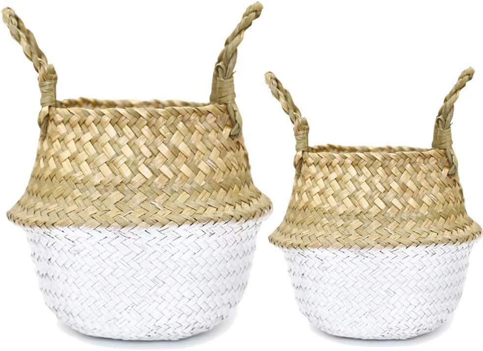IN VACUUM 2 Pack Seagrass Plant Basket Seagrass Belly Basket for Storage, Laundry, Picnic and Woven Straw Beach Bag- White
