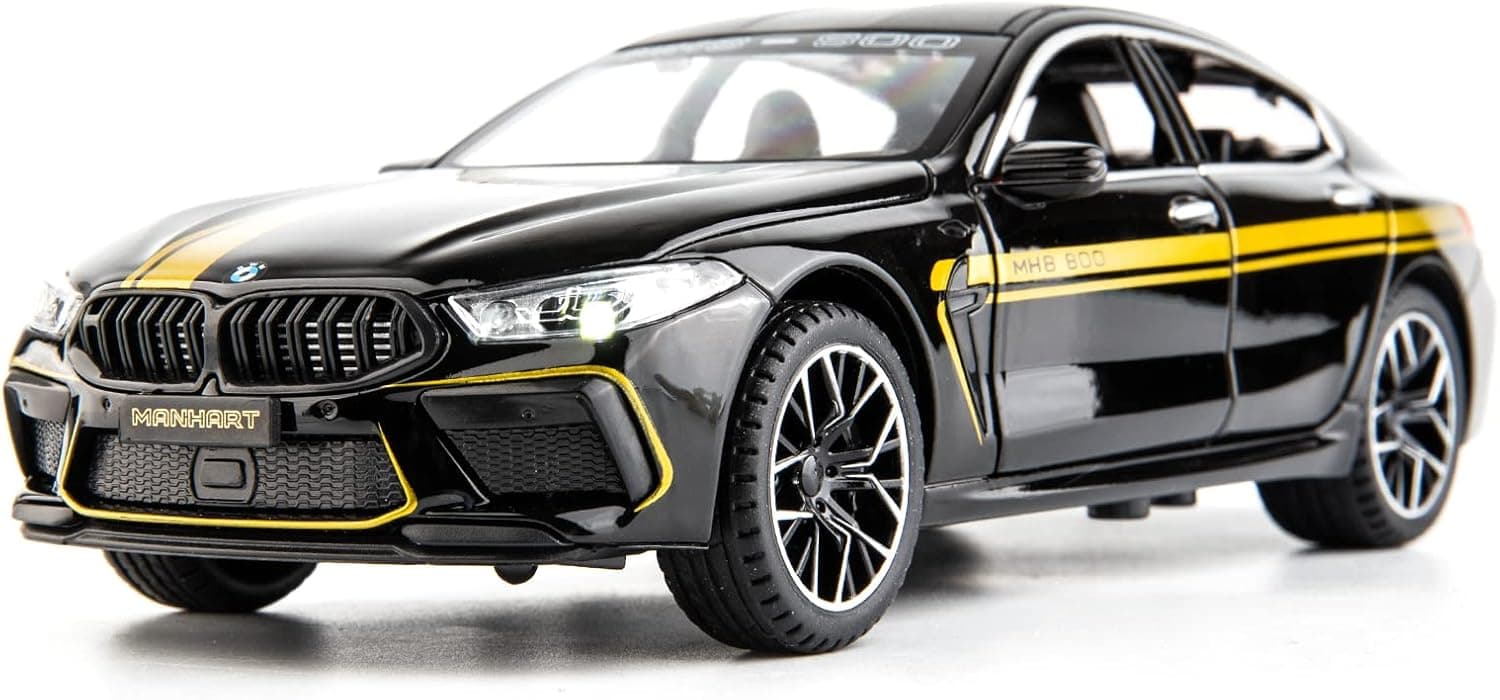 WAKAKAC Compatible with 1/24 BMW M8 Toy Car, Alloy Diecast Race Collectible Pull Back Model Car with Sound and Light Toy Vehicle for Boys Gift (Black)