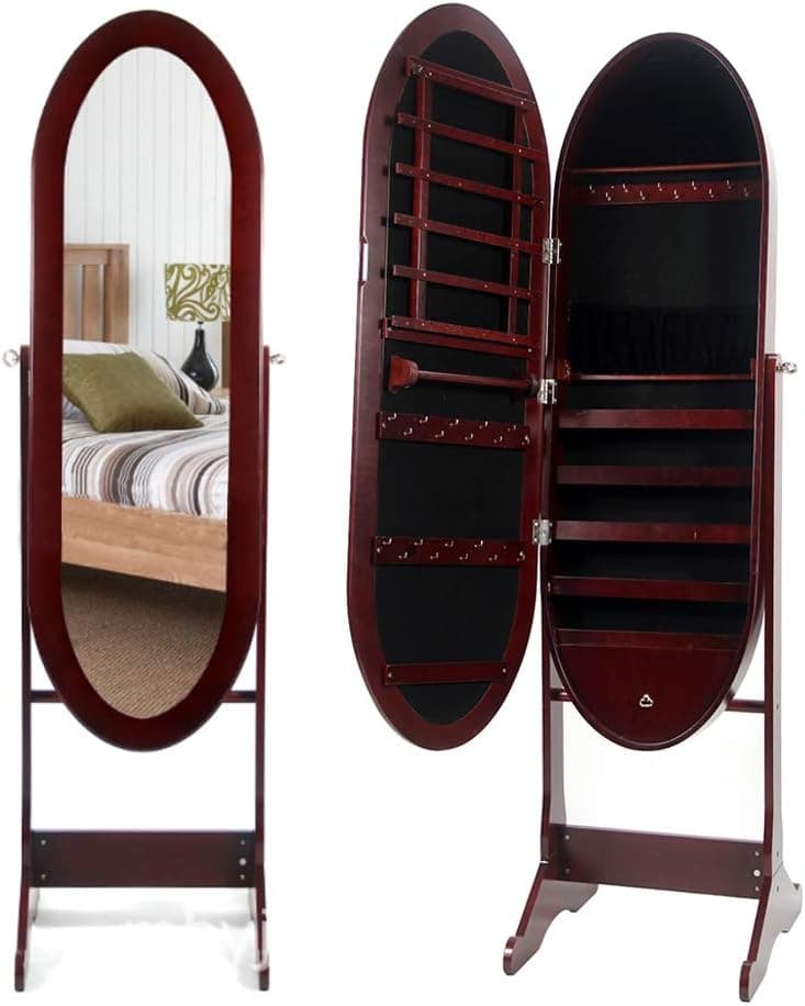 DlandHome Full Length Mirror, Free Standing Floor Mirror Owal with Jewelry Armoire Organizer, Adjustable Tilt Angles, QMJ-L016-C Brown, 1 Pack