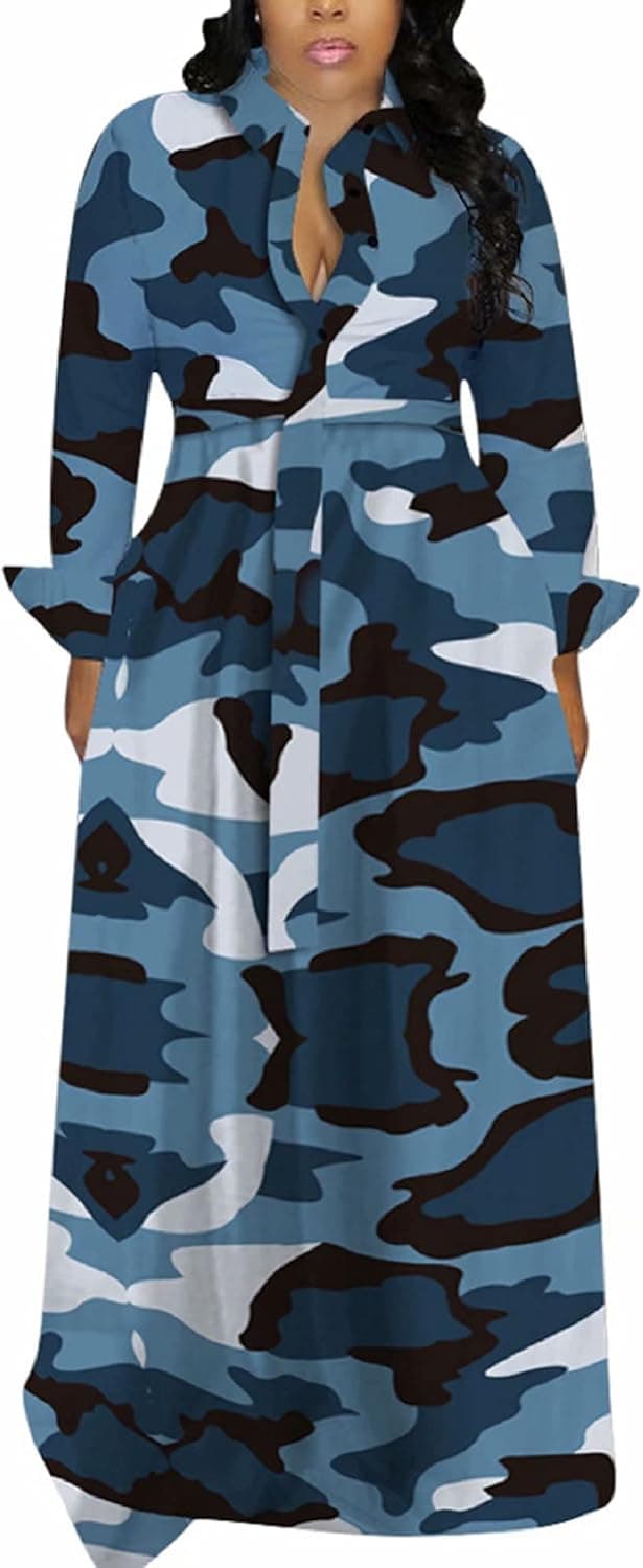 ThusFar Women Casual Long Sleeve Butterfly Floral Print Button Down Loose Cocktail Swing Maxi Shirt Dress with Belt