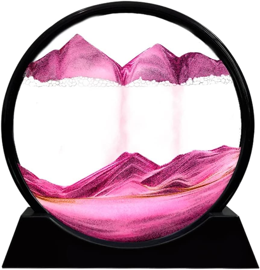 Feilicraft Moving Sand Art Picture Round Glass Frame Sandscapes 3D Deep Sea Display in Motion Dynamic Flowing Grit Photo Hourglass Desktop Art Home Office Decoration Party Gift (7‘’, Pink)