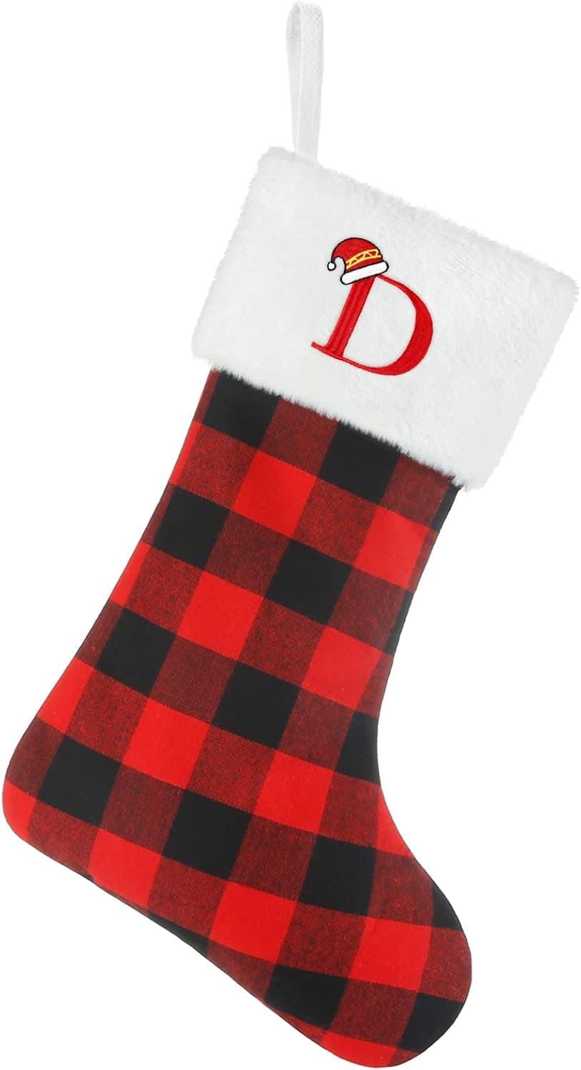 Senneny Christmas Stockings with Initials, 20 Inch Large Red Black Buffalo Plaid Monogram Xmas Stockings with White Plush Faux Fur Cuff, Christmas Decorations for Family Holiday Party, Letter D
