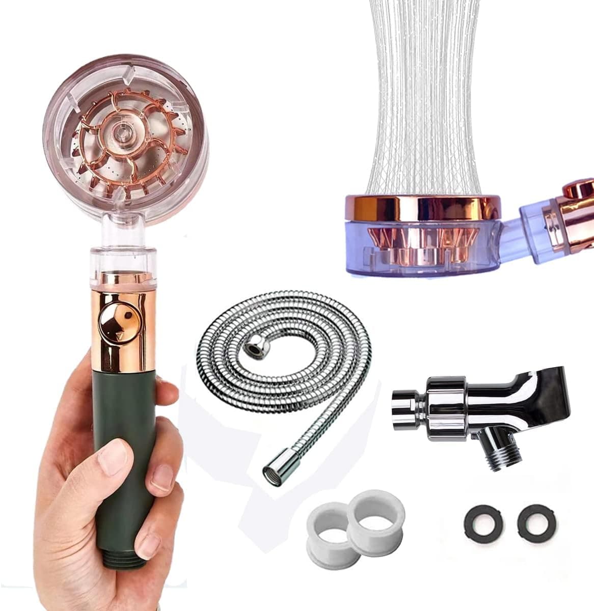 GEOONA Hydro Jet Shower Head with ON/Off Switch, Turbo Shower Head, High Pressure Shower Head with Handheld, Water Saving Showerheads with Handheld and Hose (Green Gold)