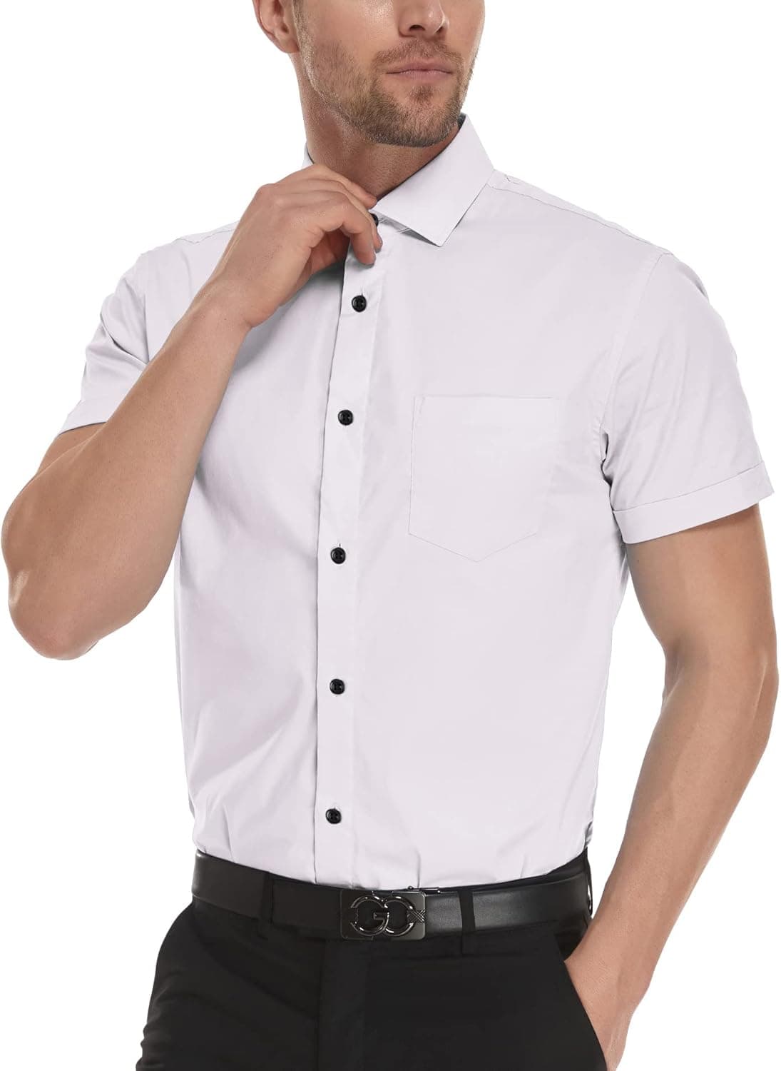 Deer Lady Men Dress Shirts Short Sleeve Regular Fit Casual Button Down Shirts Work Shirt