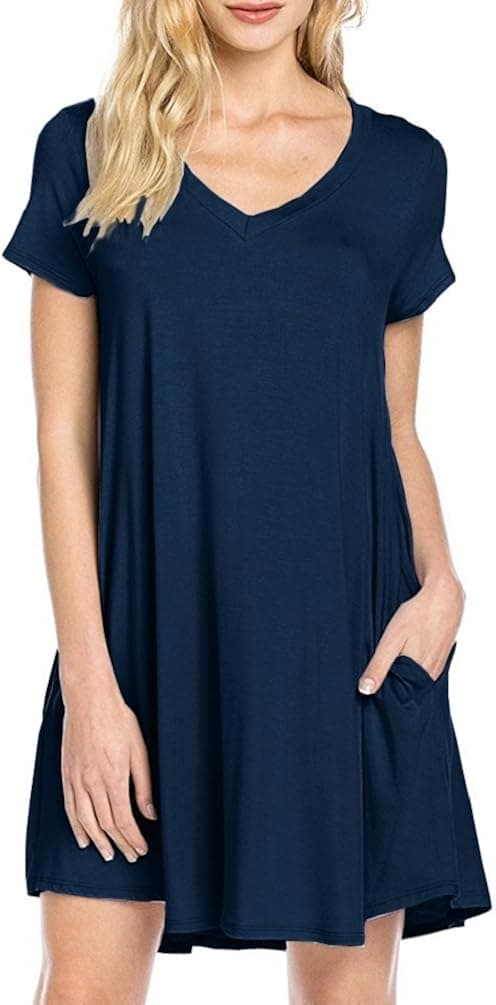 Jouica Womens Swing Short Sleeves Loose Comfy Flattering Dress (Navy Blue S)