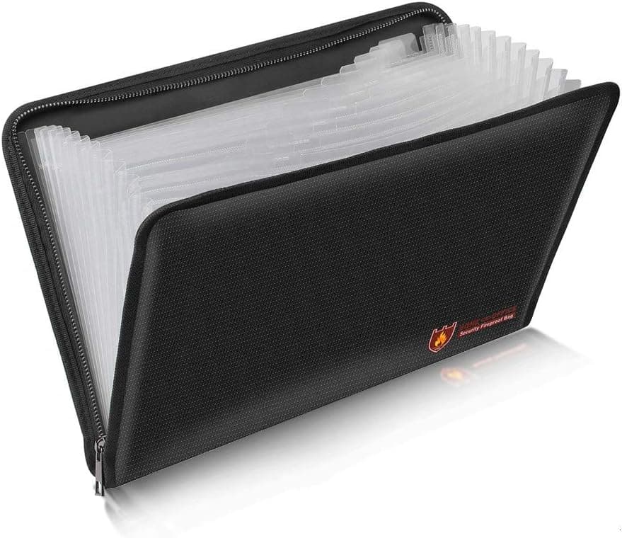 Fireproof Document Bag Fire & Water Resistant File Folder A4 Size 12 Pockets Fireproof Waterproof Safe Document Holder, Non-Itchy Silicone Coated Portable Filing Pouch for Legal Document, Cash