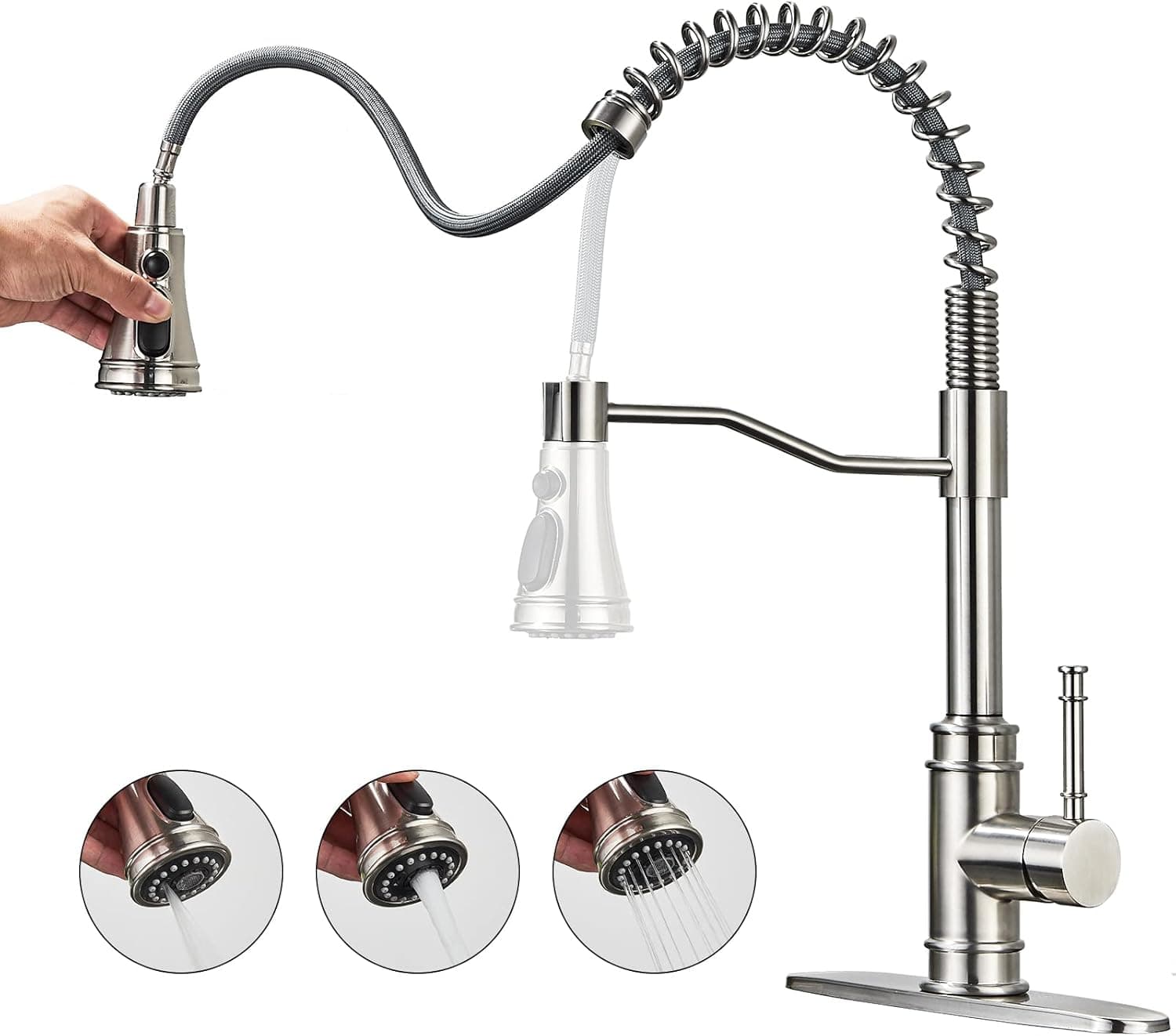 Cfeoerf Kitchen Faucets with Pull Out Sprayer High Arc Spring Faucet with Deck Plate Brushed Nickel Commercial Single Handle Single Lever High Arc Spring Faucet Smart Faucet Suit for Bar Sink & RV