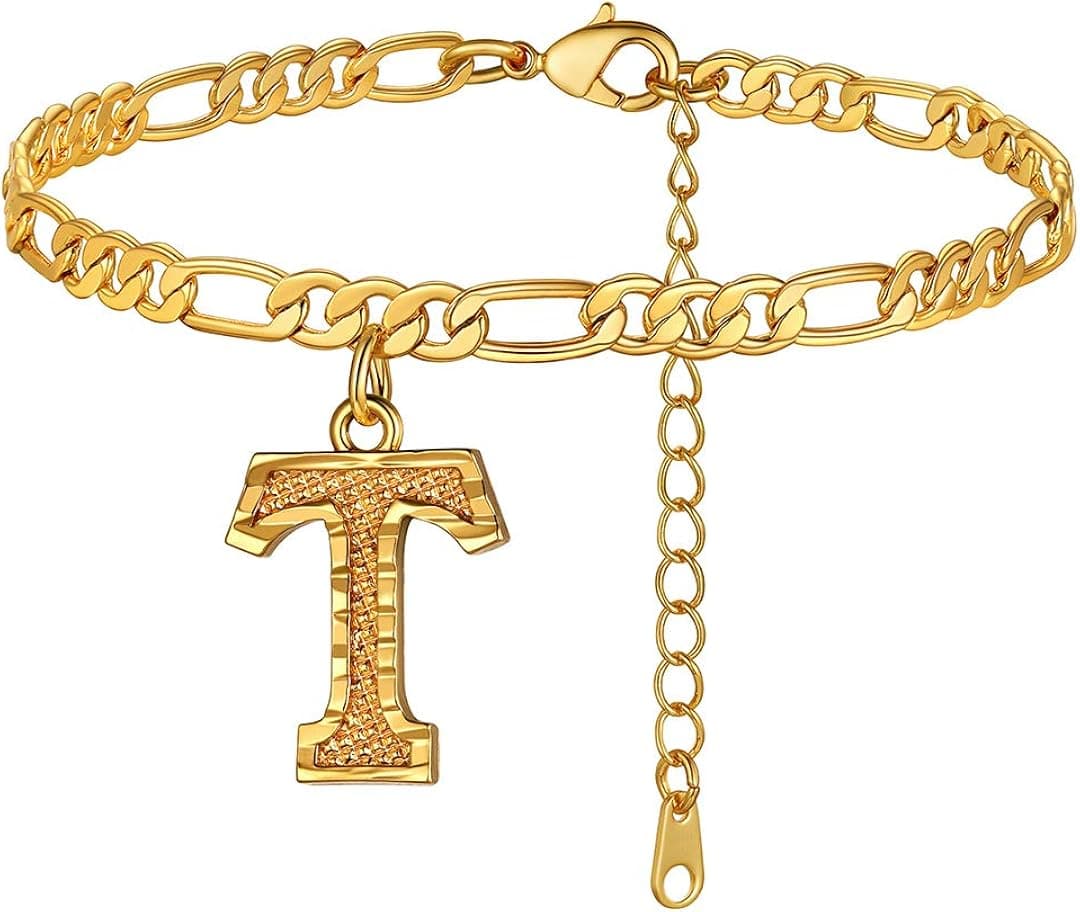 ChainsHouse Ankle Bracelets for Women Initial Anklet, 4.5MM 18K Gold Figaro Cuban Link Anklet Bracelet, Custom Name Gold Anklet with Initials, 22-27CM Adjustable, Send Gift Box