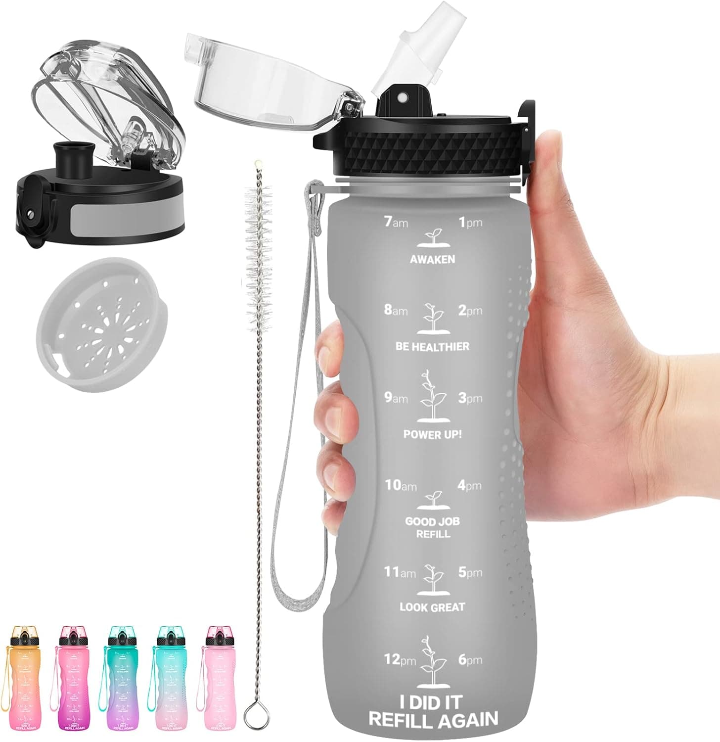 AIDEAMART 24 OZ Motivational Kids Water Bottle With Time Marker,Straw Lid&Chug Lid, Leak Proof, Tritan BPA Free Sports Water Bottle Grey(2 Lid)