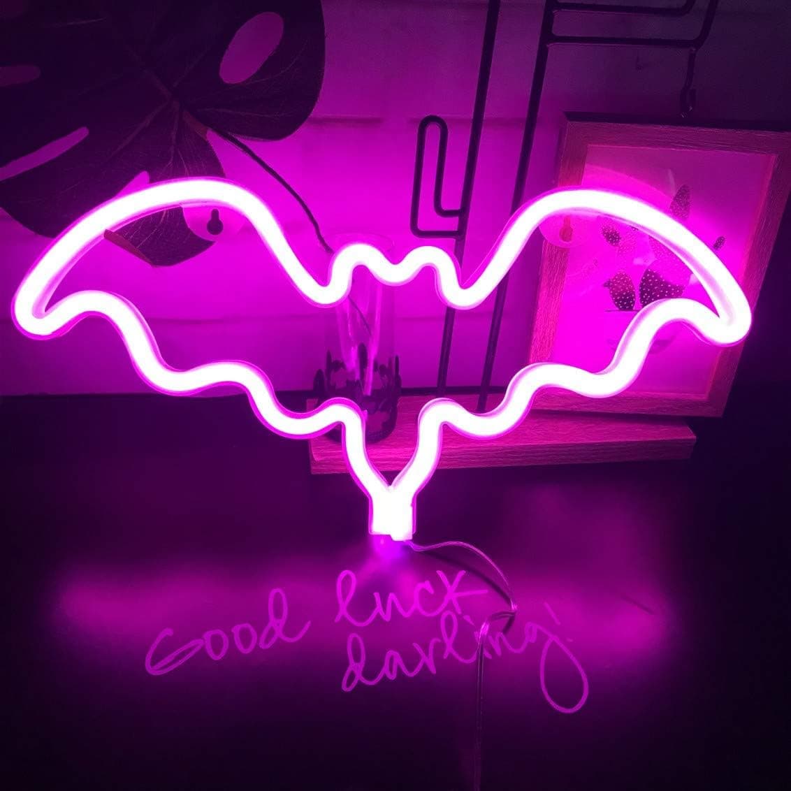 Fiee Pink Bat Shaped Neon Signs,Led Safety Halloween Art Wall Decoration Lights Neon Lights Night Table Lamp with Battery Powered/USB for Kids Gift,Baby Room,Wedding,Home (Bat-Pink)