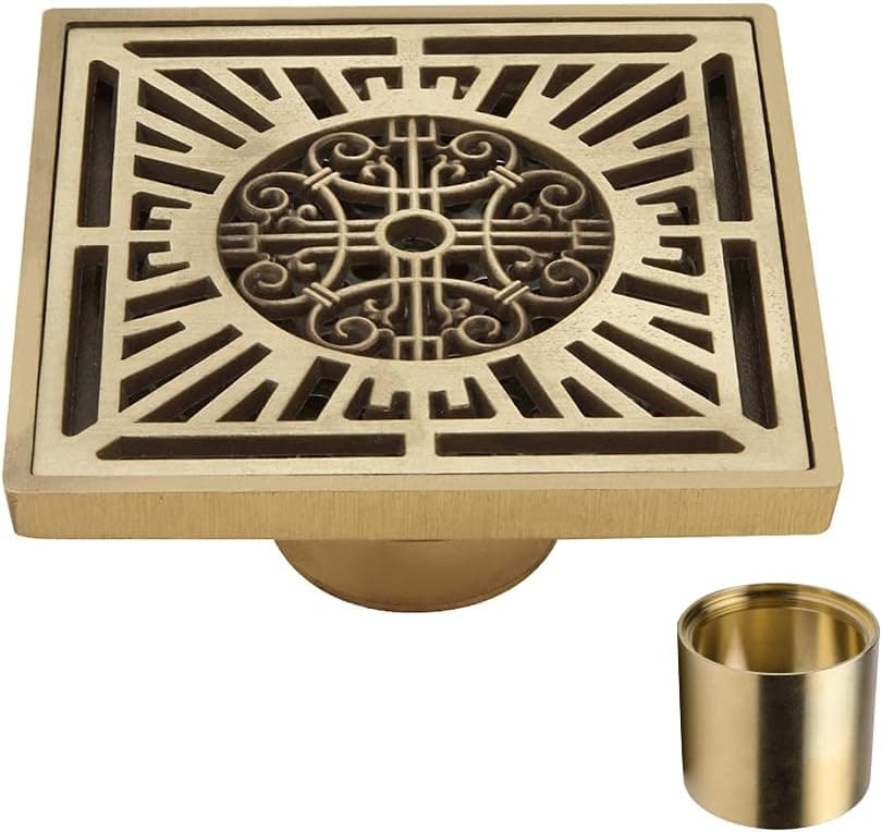 HARPOON Art Carved Antique Brass 4'' Shower Floor Waste Drain Cover Washer, Drain Base Flange 2'' Square Bath Flower Shower Strainer Upgraded