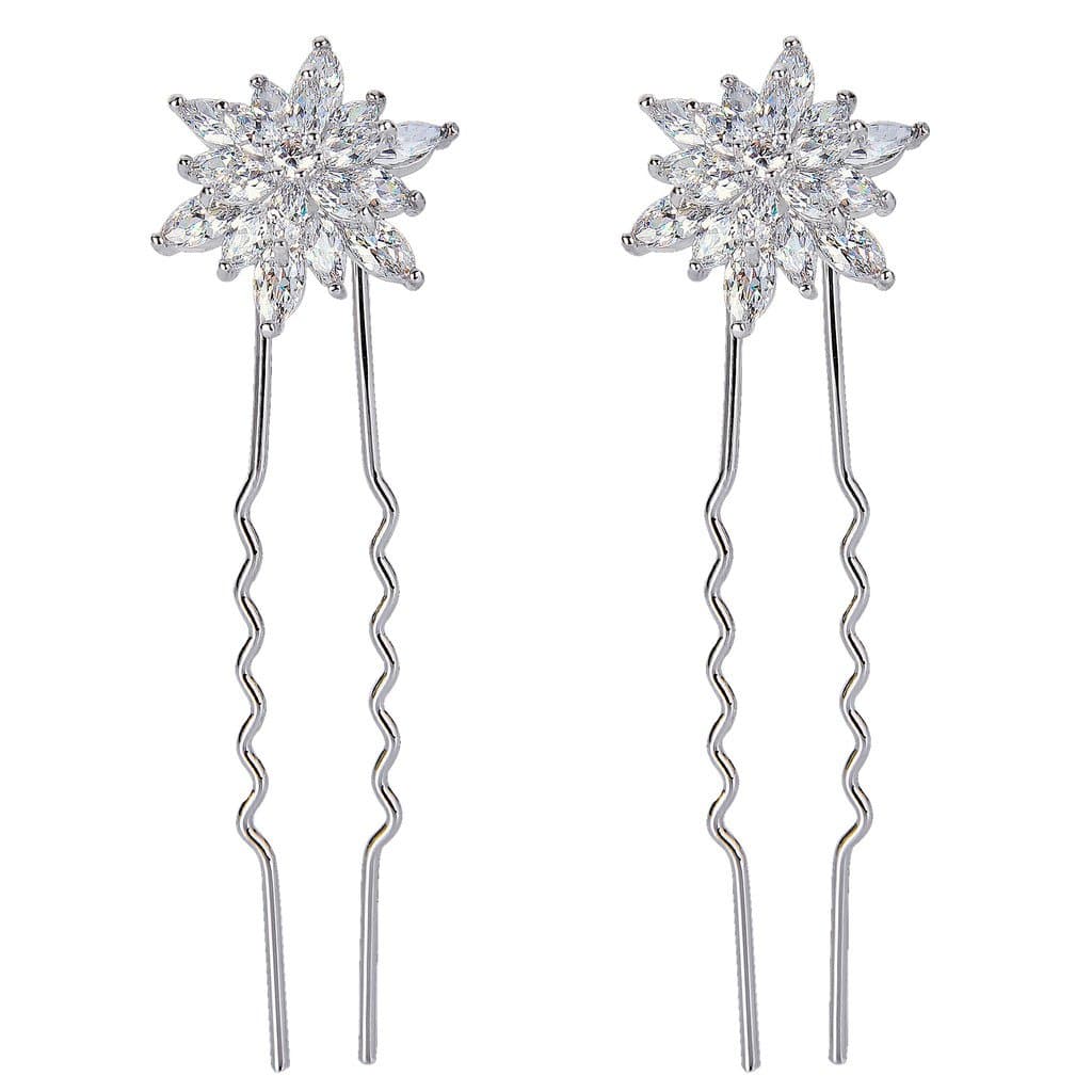 EVER FAITH White Cubic Zirconia Wedding Hair Accessories Elegant Snowflake Flower Hair Pin Set of 2 for Women Silver-Tone