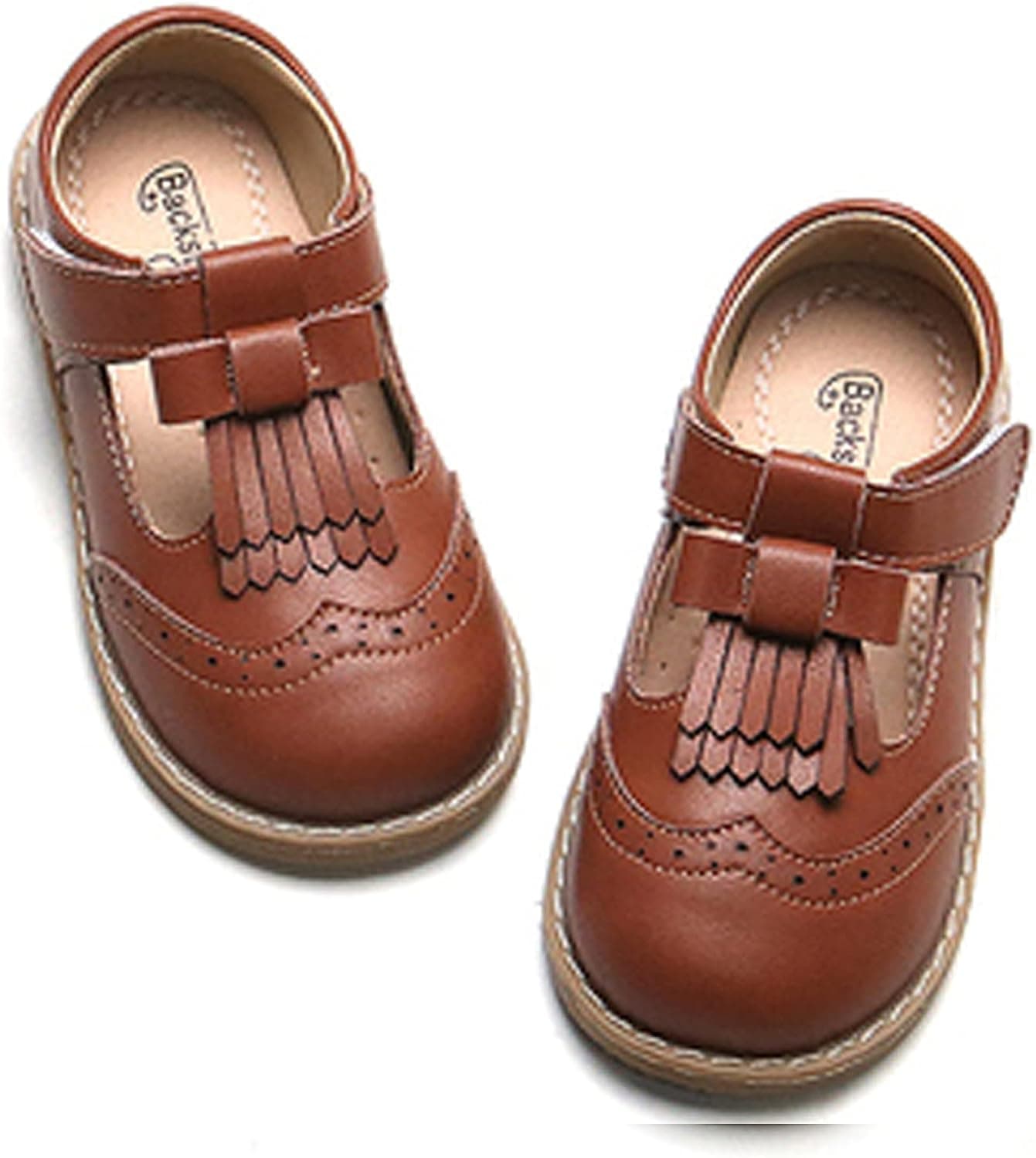 WUIWUIYU Little Girls Toddlers Oxfords Cute Bow Tassels Fringes School Uniform Dress Shoes T-StrapWedding Mary Janes Brown Size 9