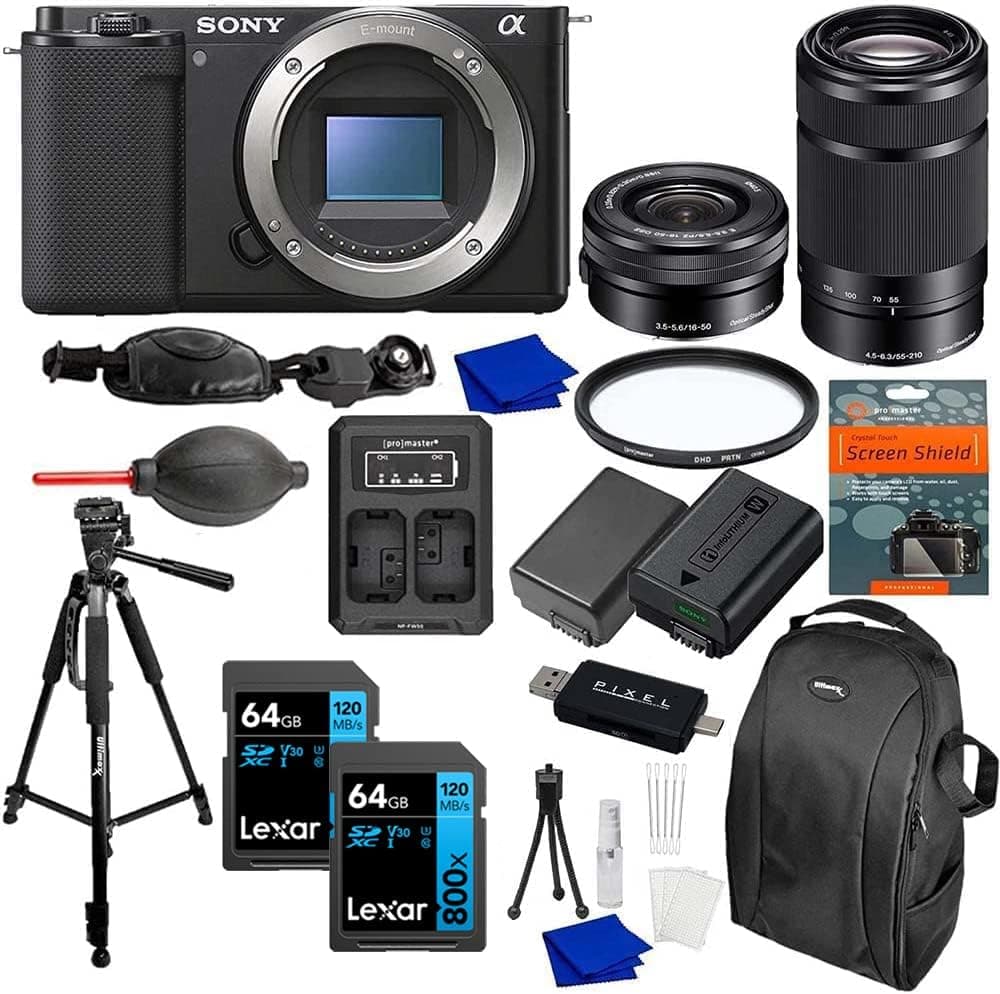 Sony Alpha a6000 Mirrorless Digital Camera with 16-50mm & 55-210mm Lens Bundle with 2X 64GB SDXC Card, Tripod, Backpack, Battery & Charger Kit, Extra Sony Battery, Camera Strap + More