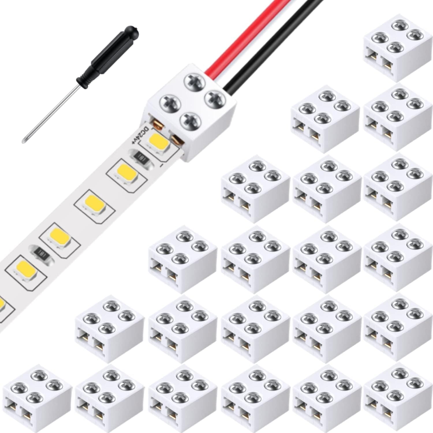 2 Pin 10 mm Solderless LED Tape Light Connector Screw Down Terminal Blocks Connector Led Connectors for Strip Lights Tape to Wire for 5v 12v 24v Monochrome LED Low Voltage Strip (50)