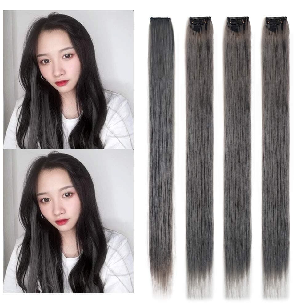 Clip in Hair Extensions 22inch Long Straight Grey Clip on Hairpieces Party Highlights Synthetic Hair for Women Girls 4Packs (State Grey)