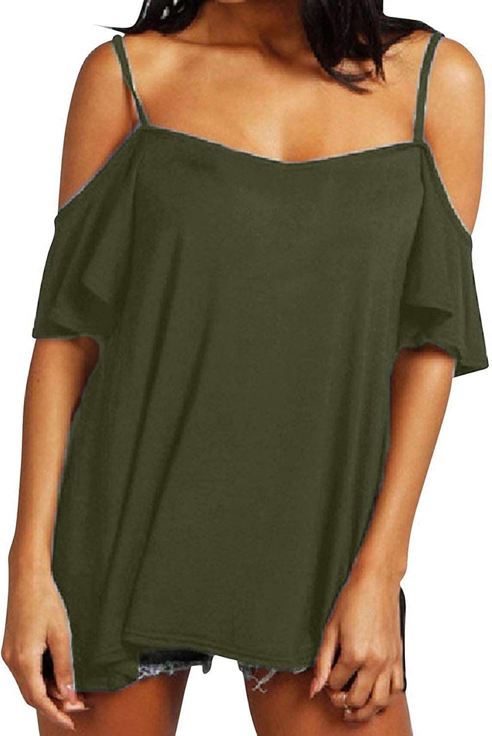 ZANZEA Womens Cold Shoulder Tops Sexy Casual Summer T Shirt Tee Short Ruffle Sleeve Spaghetti Strap Blouses